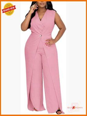 Wide Leg Split Jumpsuit V Neck Sleeveless Dressy Romper